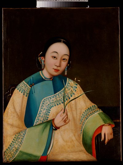 Portrait of a Court Lady, Seated Half Length in an Embroidered Robe, Holding a Flower by Chinese School