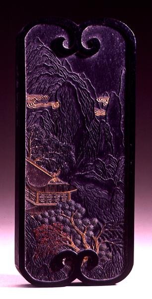 Rectangular ink-cake with a landscape scene and imperial poem on the reverse, mark and seal of the family workshop of Hu Kai-Wen, Ching dynasty, Hui-chou, Anhui, 1774 by Chinese School
