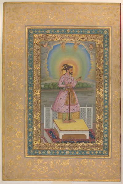 Shah Jahan on a Terrace, Holding a Pendant Set With His Portrait, Folio from the Shah Jahan Album by Chitarman
