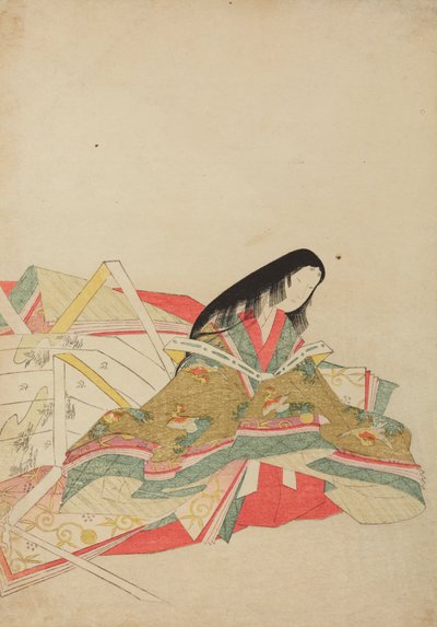 Lady of the Court Sitting in a Robe with Hoo Bird Pattern, Plate from the Album: Nishiki-zuri onna sanju rokkasen e-zukushi by Chobunsai Eishi