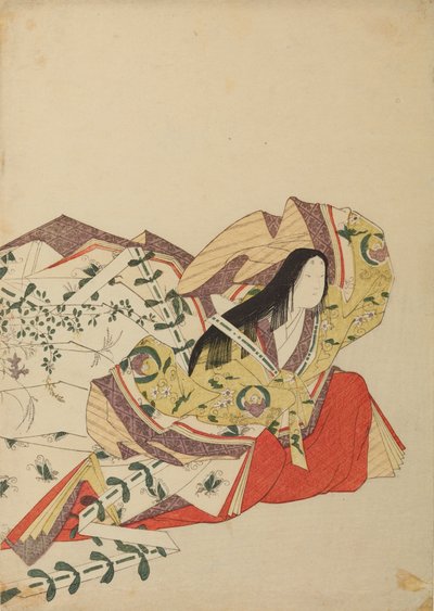 Lady of the Court Sitting with Hand Raised Above Head, Plate from Album: Thirty-Six Poetesses / Nishiki-zuri onna rokkasen e-zukushi by Chobunsai Eishi