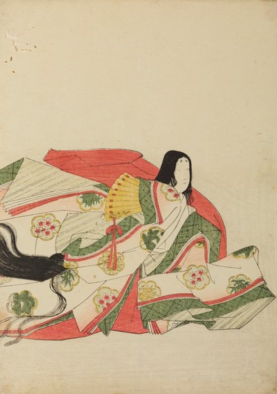 Court lady seated with a yellow fan, plate from the album: Nishiki-zuri onna sanju rokkasen e-zukushi by Chobunsai Eishi