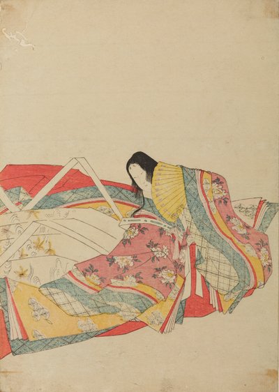 Seated Court Lady with a Yellow Fan, plate from the album: Thirty-six Female Poets / Nishiki-zuri onna sanju rokkasen e-zukushi by Chobunsai Eishi