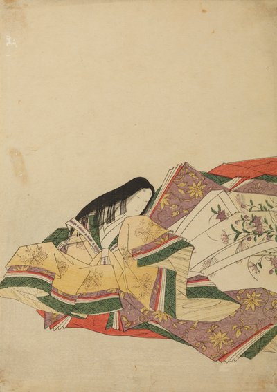 Lady of the Court Sitting, Turned Left, Plate from Album: Nishiki-zuri onna sanju rokkasen e-zukushi by Chobunsai Eishi