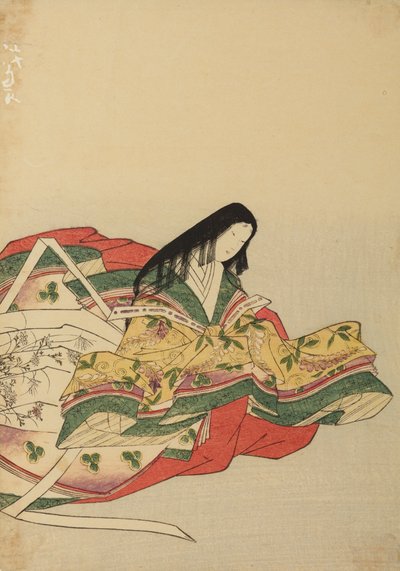 Court Lady Sitting, Turned to the Right, Plate from the Album: Nishiki-zuri onna sanju rokkasen e-zukushi by Chobunsai Eishi