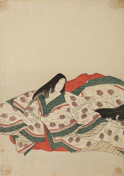 Court lady in a white kimono with a pattern of ducklings on water, plate from the album: Nishiki-zuri onna sanju rokkasen e-zukushi by Chobunsai Eishi