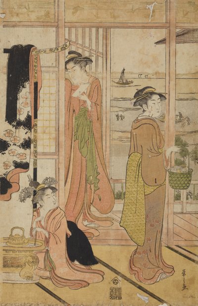 Two Standing Women and a Girl in an Interior with a View of the Lake by Chobunsai Eishi