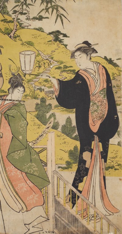 Young Man Playing the Flute and Woman with a Lantern by Chobunsai Eishi