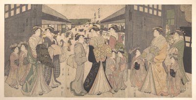 Oiran and Attendants at the Great Gate of the Yoshiwara by Chobunsai Eishi
