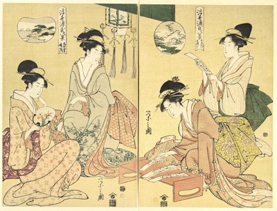 Spirit Summoner; Wild Geese Returning Home (Maboroshi; Rakugan) (right) and A Thin Veil of Clouds; Clearing Weather (Usugumo; Seiran) (left), from the series Eight Views of The Tale of Genji in the Floating World (Ukiyo Genji hakkei) by Chobunsai Eishi