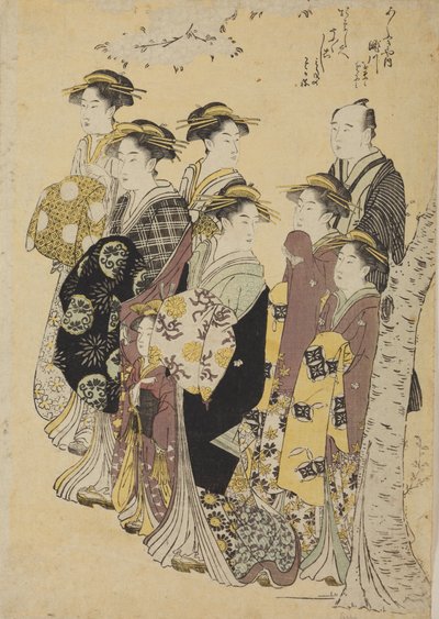 Six Oiran on a Walk with a Girl and a Man by Chobunsai Eishi