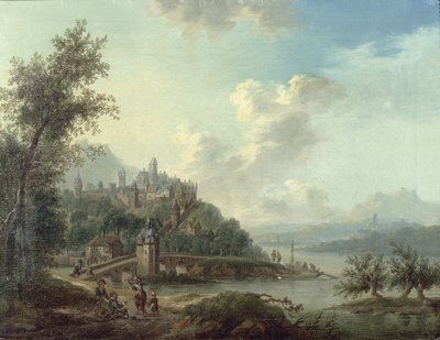 A Rhineland View with a Bridge and Figures in the Foreground and a Fortified Town on a Hill Beyond by Christian Georg II Schutz or Schuz
