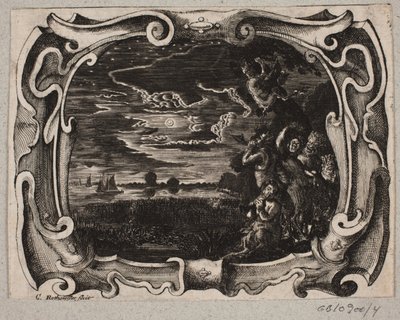 Emblem with satyrs gathered by a tree at night by Christian Rothgiesser