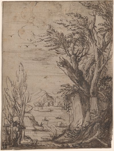 Landscape with Gnarled Trees and Fisherman by Circle of Jacques de Gheyn