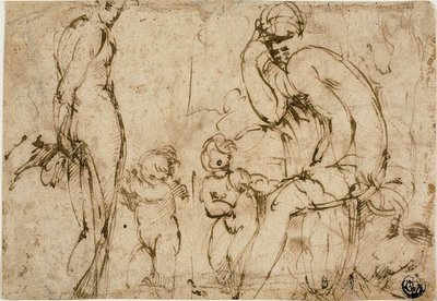 Venus and Mars with Putti (recto); Bearded Man Moving to Right (verso) by Circle of Parmigianino
