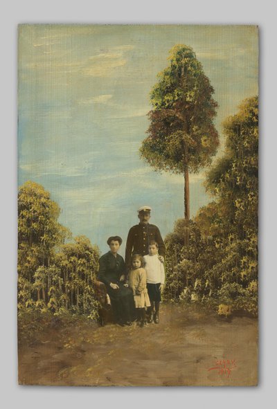 Portrait of an Unknown Man in Naval Uniform, Woman and Two Children in Shrubbery by Clady