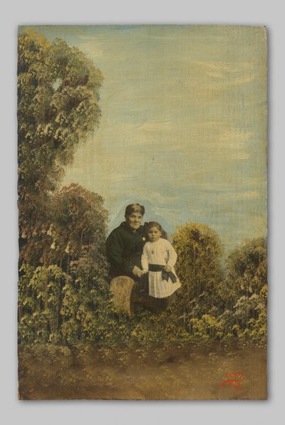 Portrait of an Unknown Mother with Daughter in Shrubbery by Clady