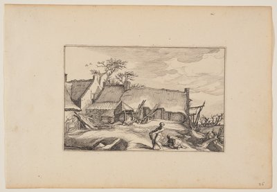 A Farmhouse, Man Carrying a Basket in Foreground, from Landscapes by Claes Jansz. Visscher