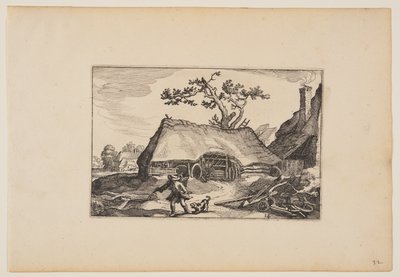 Farm with Shed for a Cart, Man with Barking Dog, from Landscapes by Claes Jansz. Visscher