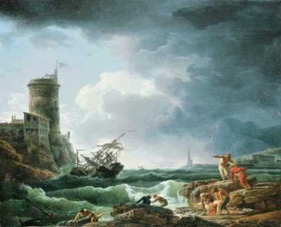 A Storm with Shipwreck by a Fortress, a Castaway in the Foreground, 1769 by Claude Joseph Vernet
