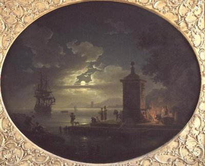 Night: A Moonlit Coastal Landscape with Fisherfolk by a Fire on a Quay, a Man of War Beyond by Claude Joseph Vernet
