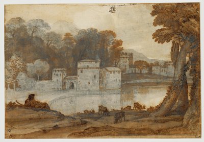 Shepherd by a lake near a fortified mill by Claude Lorrain (1600-82)
