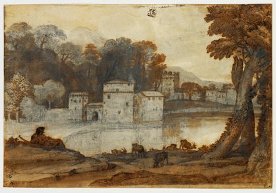 Shepherd beside a lake near a fortified mill by Claude Lorrain (1600-82)