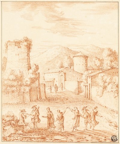 Dancers and Musicians Before Village with Ruined Tower by Claude Lorrain