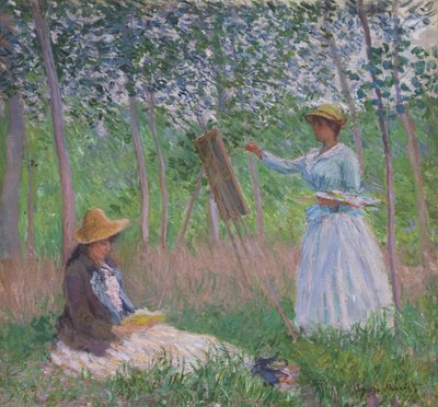In the Woods at Giverny: Blanche Hoschedé at Her Easel with Suzanne Hoschedé Reading by Claude Monet