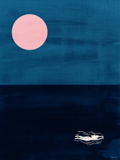 Midnight Swim Pink Moon Abstract Ocean Art Print by Claudia Spano'