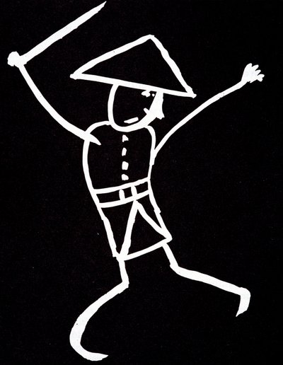 Character with hat, uniform and swinged. Anime drawing by Emile Cohl (1857-1938) in white on black by Cohl