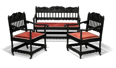 Late Victorian Carved Ebonised Sofa and Pair of Armchairs, Late 19th Century by Collinson and Lock