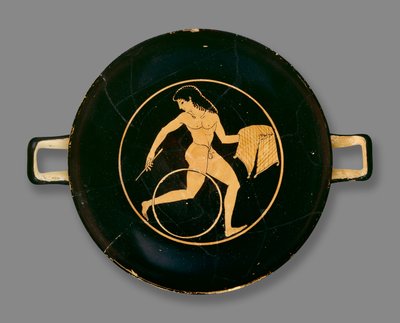 Attic Red-Figure Cup Decorated with a Boy Carrying a Plate of Food and Rolling a Hoop by Colmar Painter