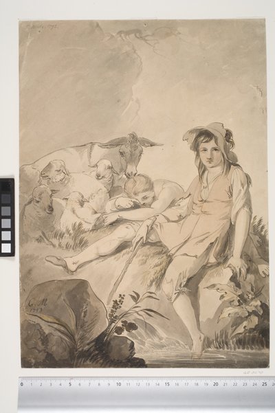 Pastoral Scene with Two Children and Animals by Conrad Martin Metz