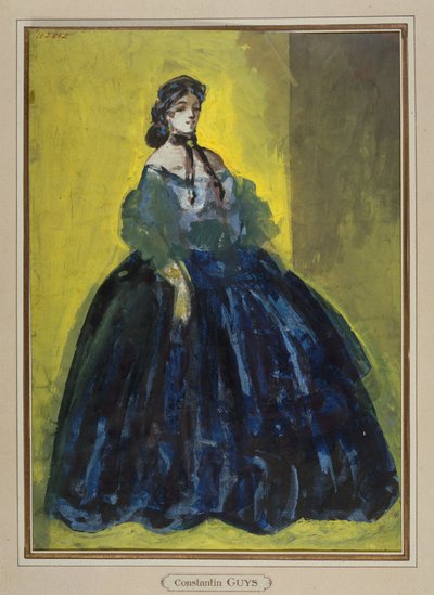 Study of a Woman in Full Length, Blue Dress on Yellow and Green Background, circa 1865 by Constantin Guys