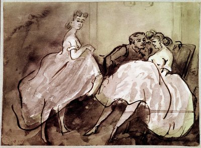 Two prostitutes and a seduction scene in a brothel by Constantin Guys