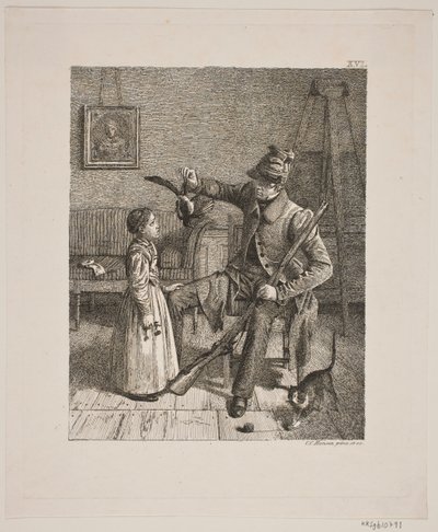 A hunter showing a little girl his catch by Constantin Hansen