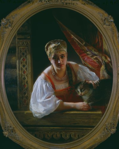 Russian Beauty with Cat by Constantine Egorovitch Makovsky