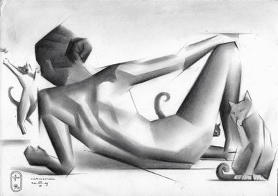 Geometric Woman and Cats by Corné Akkers