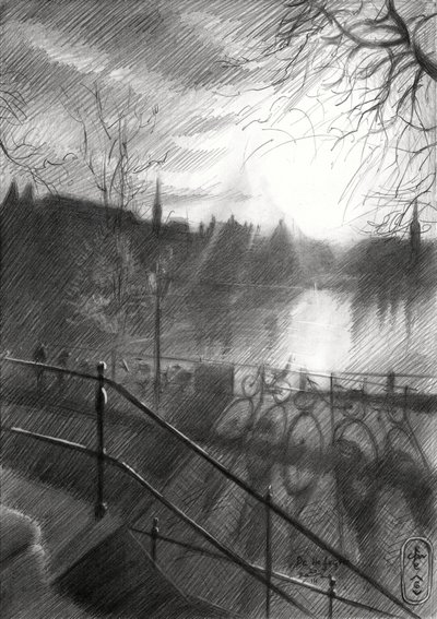 Sunlit City Canal Sketch by Corné Akkers