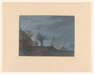 Farmhouse with Pollard Willow and Sailing Ships on Open Water by Cornelia Alida Westerhof