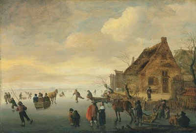 A Winter Landscape with Horse-Drawn Sledges and Figures Skating on a Frozen Lake by a Rural Village by Cornelis Beelt