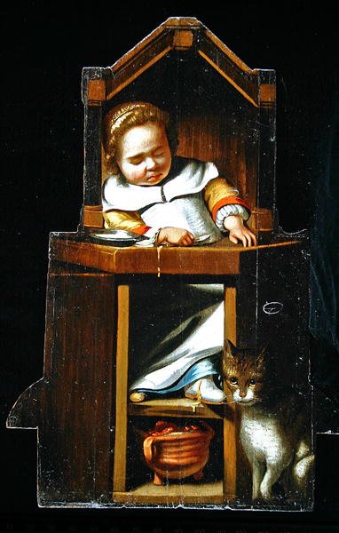 Dummy board depicting a boy asleep in a high chair by Cornelis Bisschop