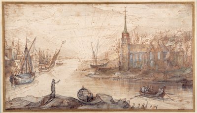 A harbour scene with shipping and a church at sundown by Cornelis Claesz  van Wieringen