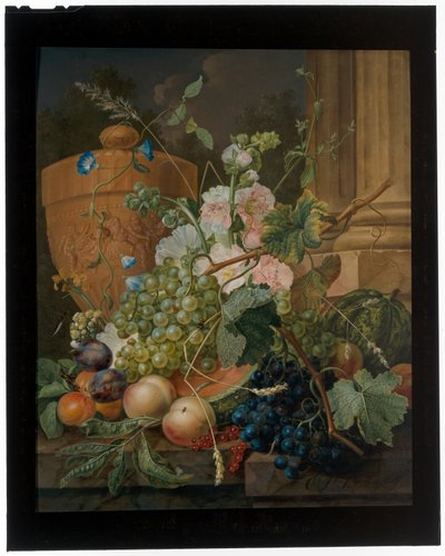 A Still Life of Fruit and Flowers with a Terracotta Urn on a Ledge by Cornelis Johannes Schaalje
