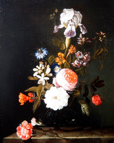 A Still Life of Flowers in a Vase Resting on a Ledge by Cornelis Kick
