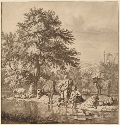 Shepherd and Shepherdess with Their Flock by Cornelis Ploos van Amstel after Adriaen