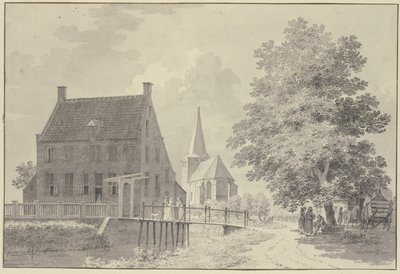 House with Moat and Bridge, Church in the Background, Tree on the Right with a Wagon and Several Figures Underneath by Cornelis Pronk