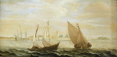 A yacht and a small Dutch sailing ship, off the coast of a port in the Zuiderzee (North Sea), with a view of the city on the horizon and sand dunes on the right by Cornelis Verbeeck