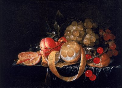 A Still Life with a Lemon, Grapes, Cherries and Apricots on a Pewter Plate by Cornelis de Heem